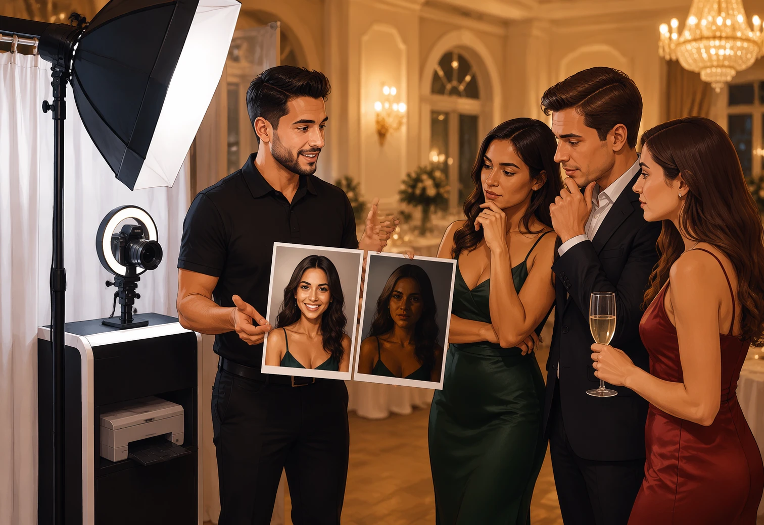 Photo booth operator reviewing test shots with guests