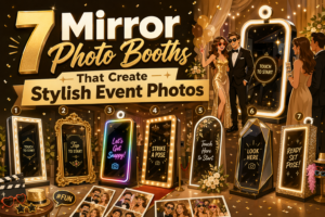 Seven stylish mirror photo booths are showcased at an elegant event, each with unique designs and lighted frames, as well-dressed guests take fun photos and pose in front of the interactive screens.