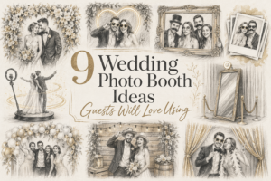 Pencil sketch collage titled “9 Wedding Photo Booth Ideas Guests Will Love Using,” featuring various photo booth setups like mirror booths, props, floral backdrops, and interactive photography stations with couples posing in elegant wedding attire.