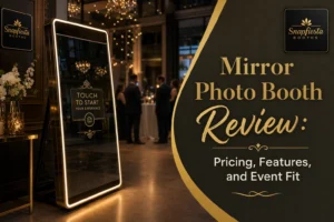 A mirror photo booth with a touchscreen stands in an elegant event venue. Several people are visible in the background. Overlay text reads, “Mirror Photo Booth Review: Pricing, Features, and Event Fit.”.