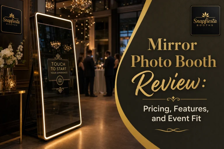 A mirror photo booth with a touchscreen stands in an elegant event venue. Several people are visible in the background. Overlay text reads, “Mirror Photo Booth Review: Pricing, Features, and Event Fit.”.