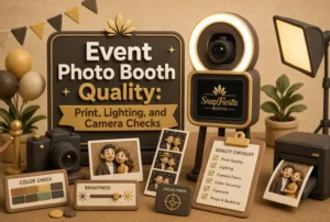 A claymation-style photo booth setup features a camera, lighting, sample photos, a quality checklist, and decorative signs emphasizing photo print, lighting, and camera checks. Warm brown and gold tones dominate the scene.