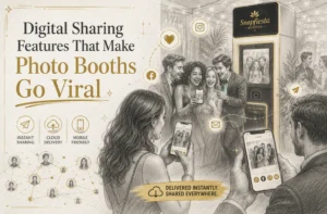 A group poses in front of a SnapFiesta photo booth as others use smartphones; icons highlight instant sharing, cloud delivery, and mobile-friendly features. Text reads: “Digital Sharing Features That Make Photo Booths Go Viral.”.