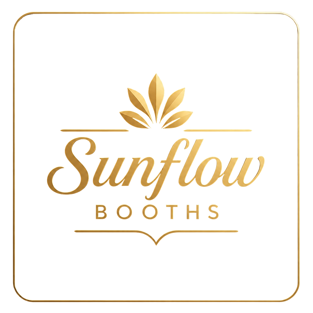 Gold logo with the words “Sunflow Booths” in elegant script and capital letters, topped by a stylized gold flower, all on a white background with a rounded gold border.