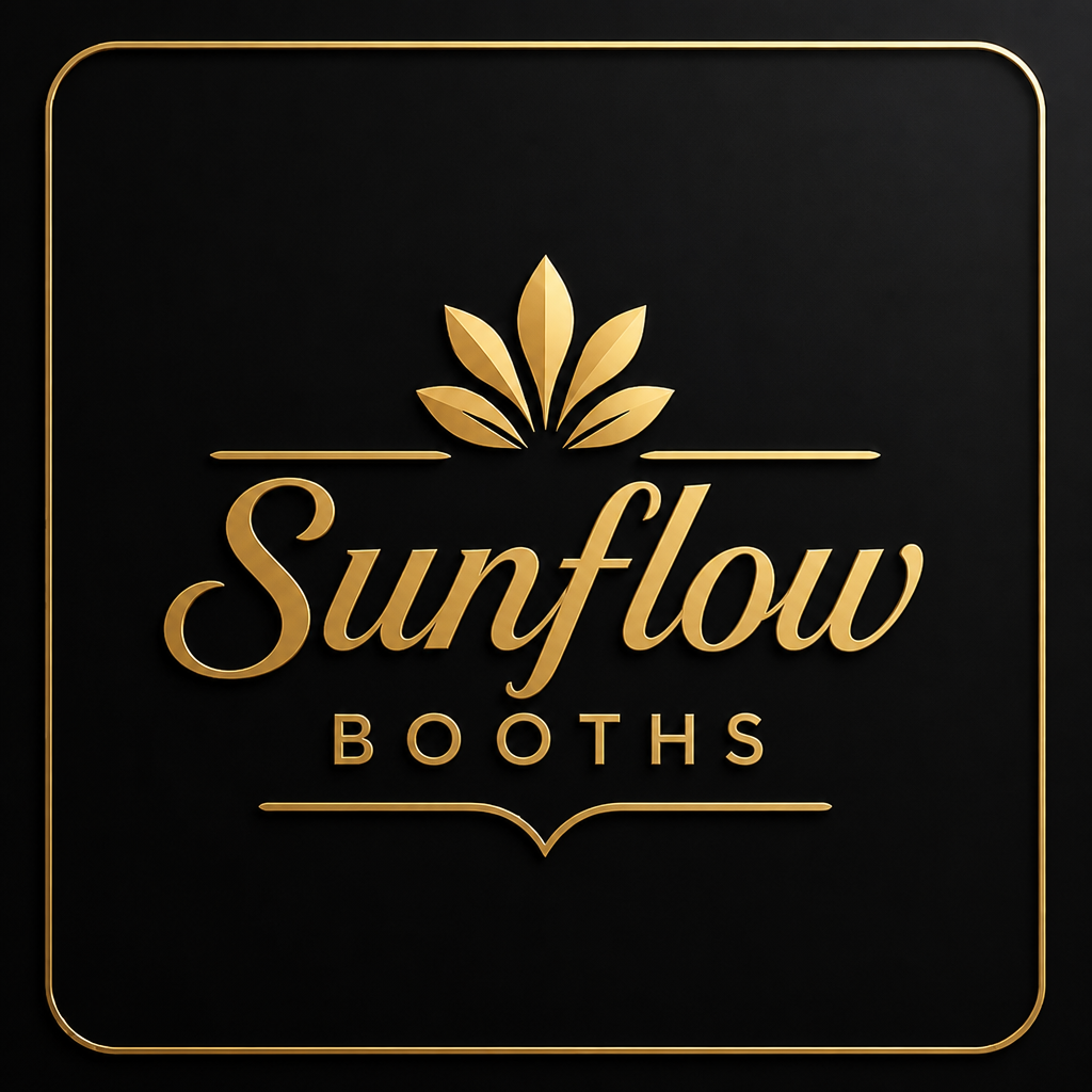 Gold “Sunflow Booths” logo with a stylized sunburst above the text, all set against a black background with a thin gold border.