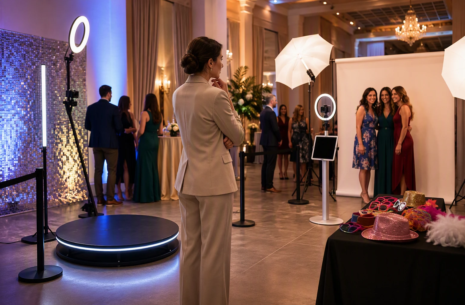 Event planner comparing 360 video booth and selfie station setup
