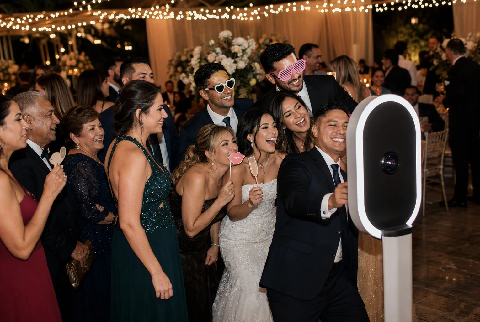 Guests crowding around a sleek selfie booth at a wedding reception