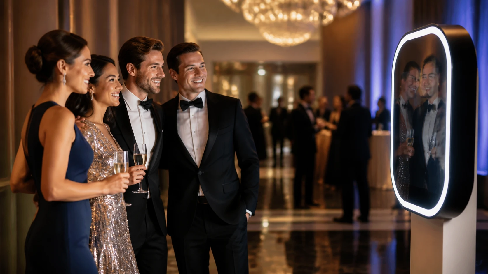 Luxury guests posing at sleek branded mirror photo booth