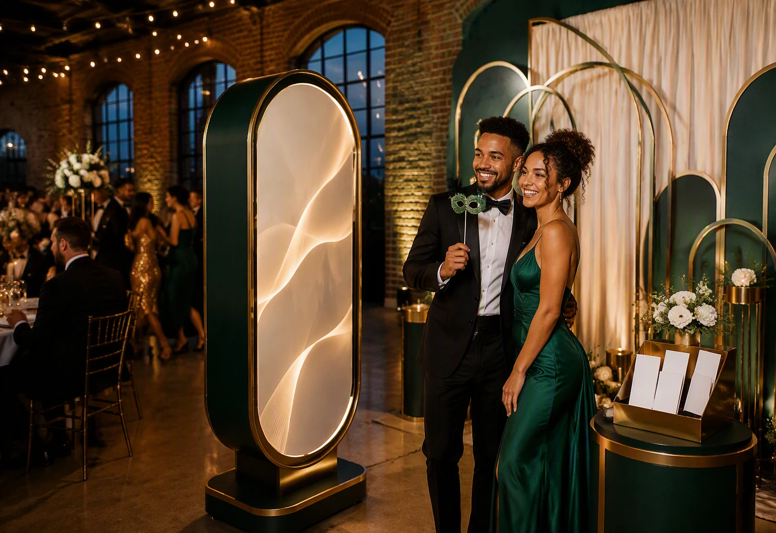 Elegant wedding guests posing beside a themed mirror photo booth