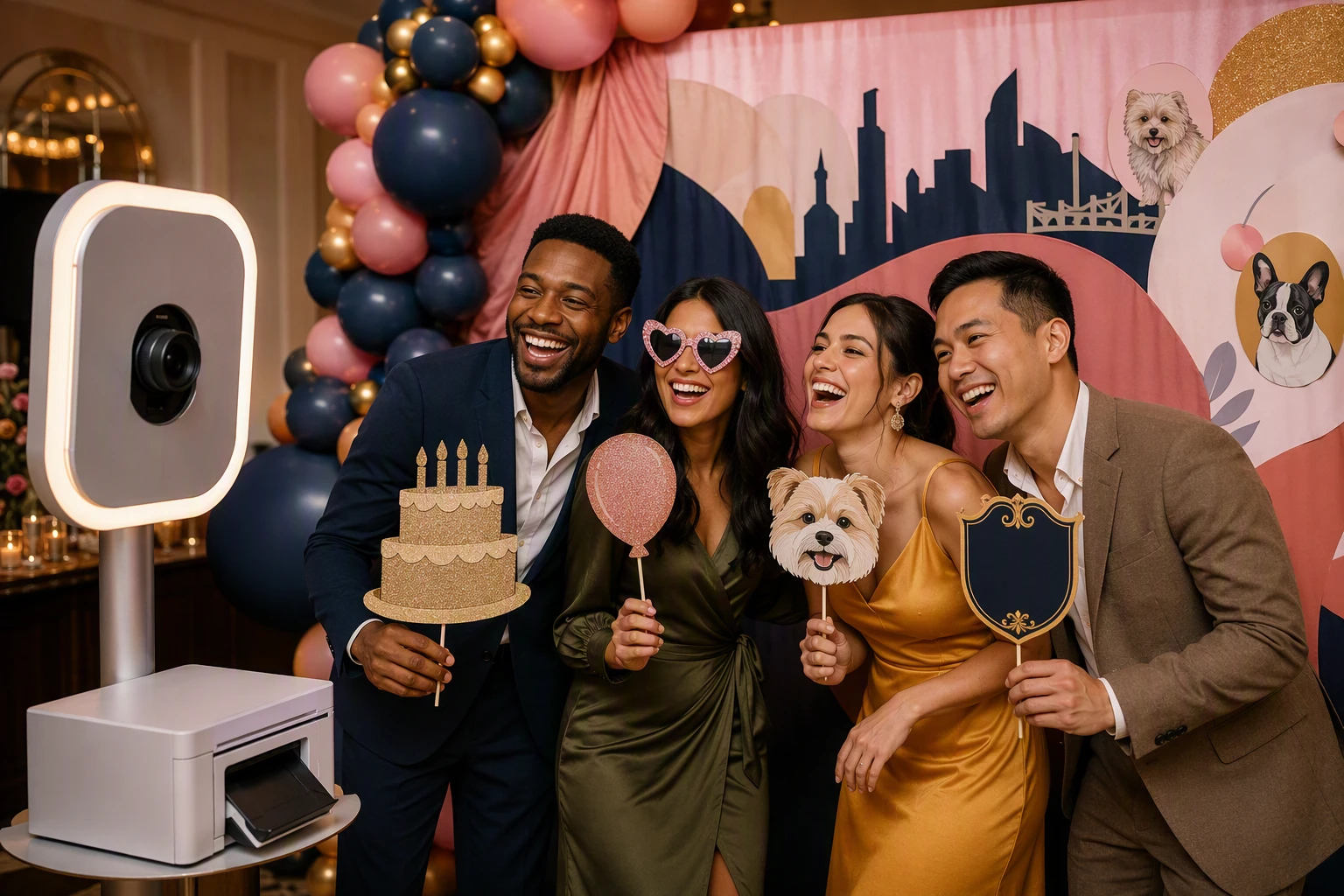 Guests laughing with themed props in a vibrant wedding photo booth