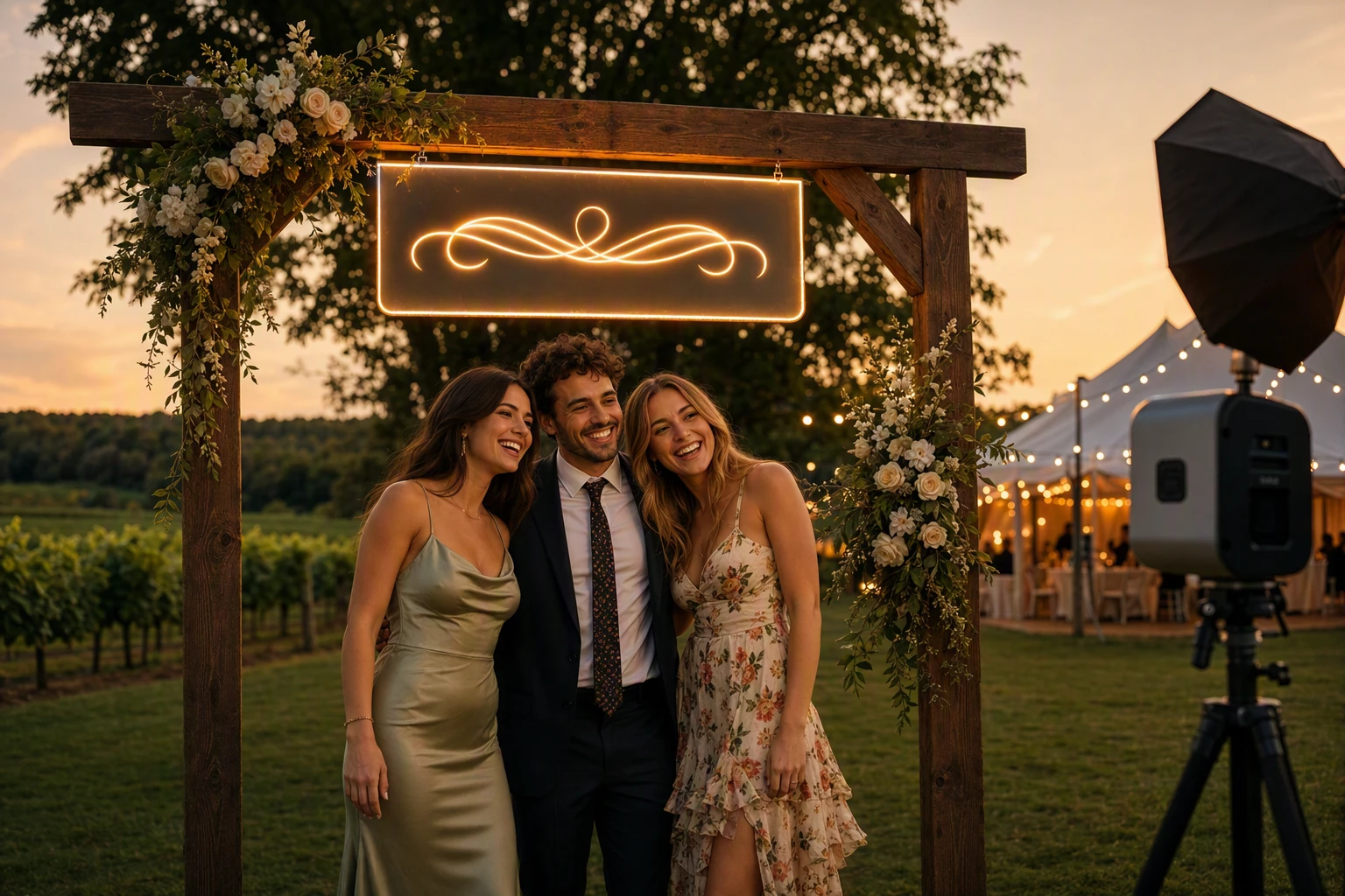 Couple laughing under illuminated wooden arbor at vineyard reception