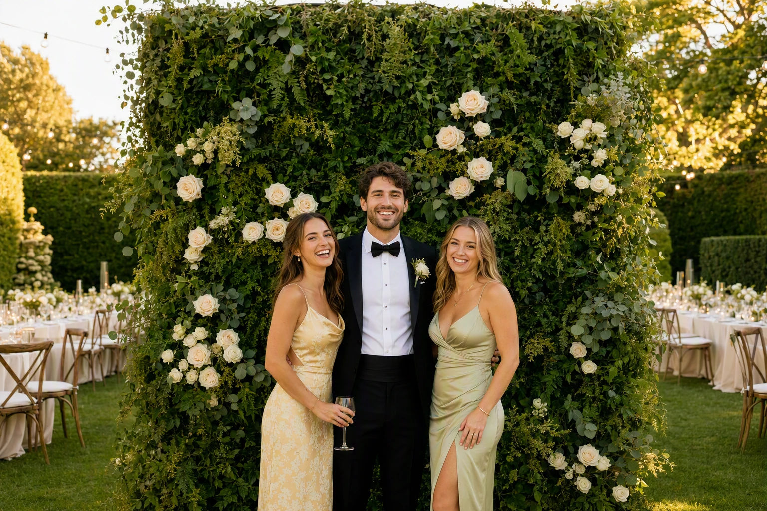 Outdoor wedding guests posing before ivory roses and lush greenery backdrop