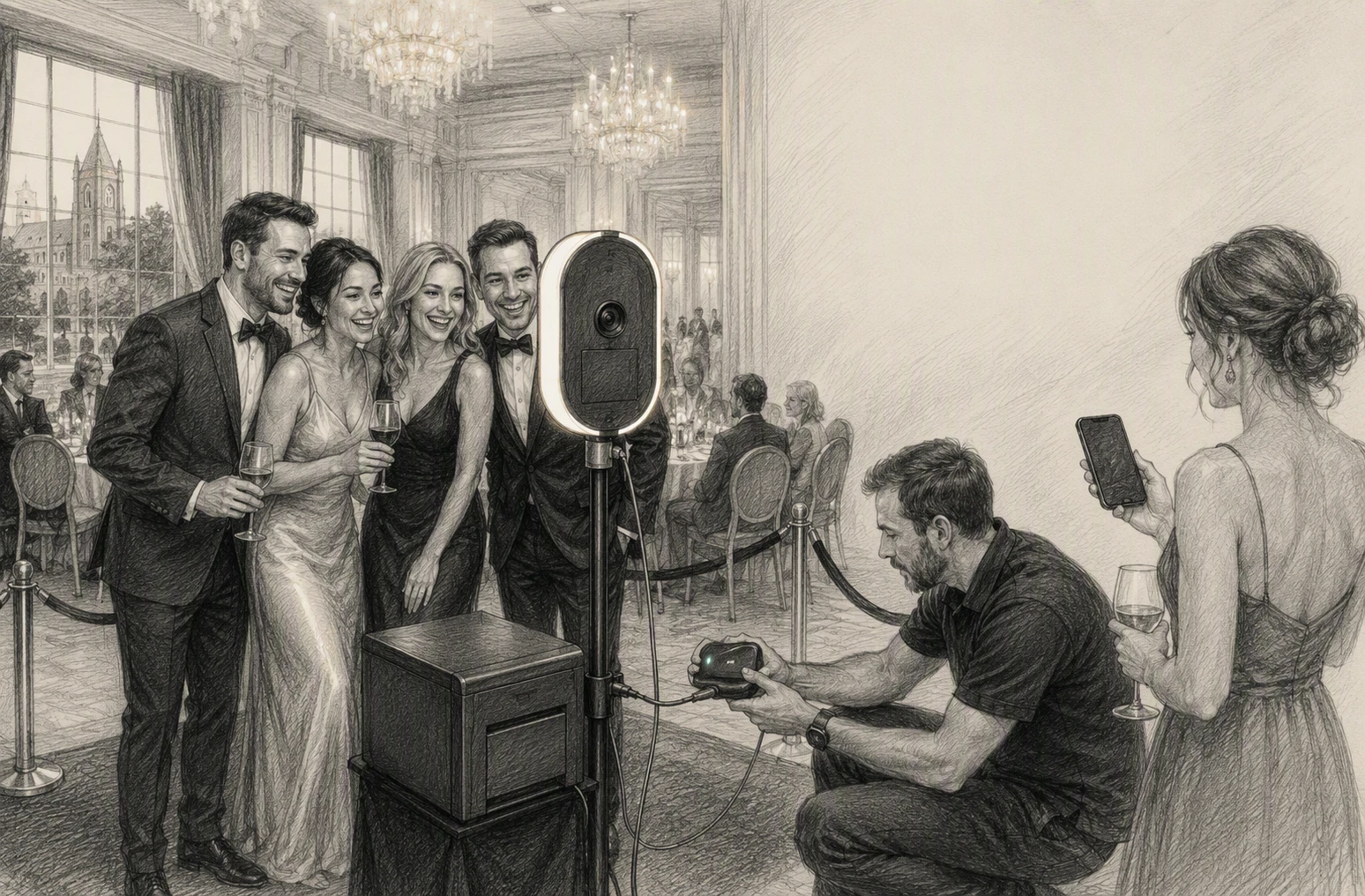 Technician connects backup hotspot while guests wait at Ann Arbor photo booth
