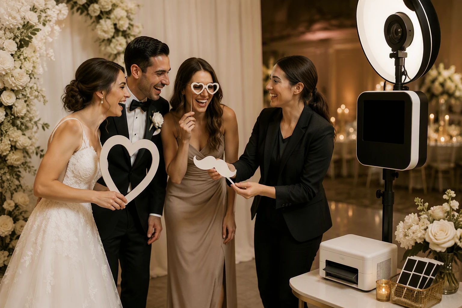 Attendant assists laughing guests with props at outdoor wedding booth