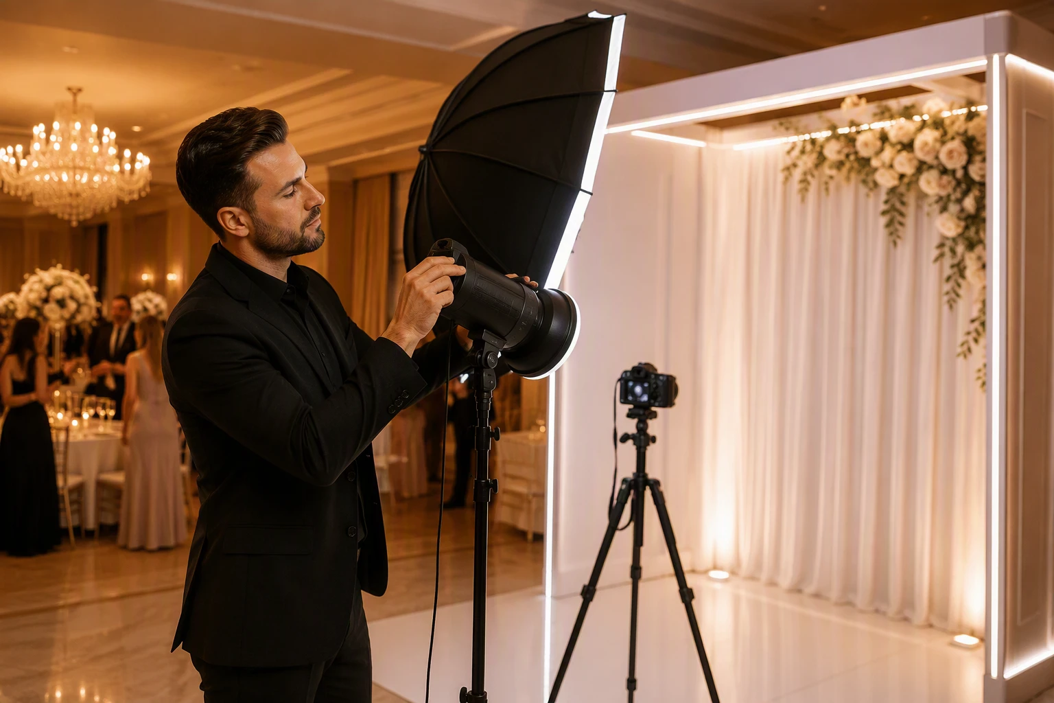 Photographer fine-tuning flash lighting at a wedding photo booth
