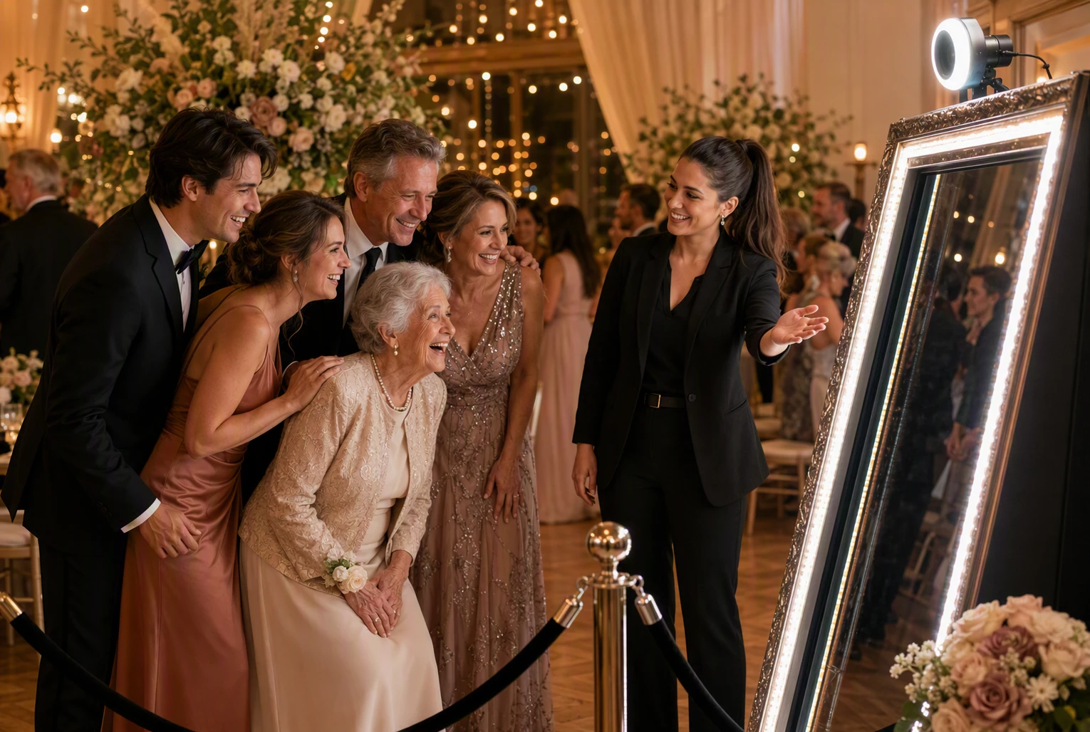 Multigenerational guests laughing together in a mirror photo booth