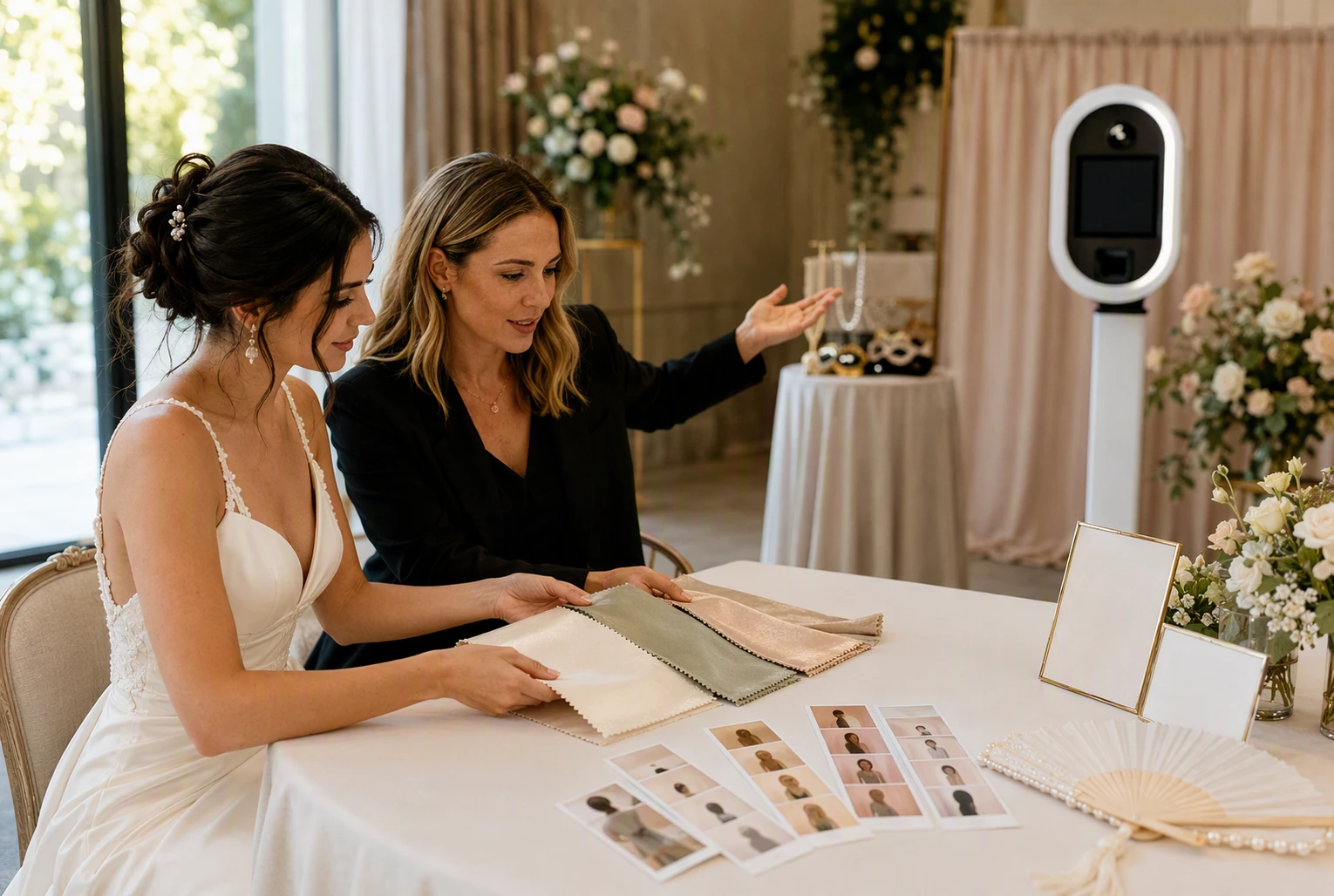 Bride and planner reviewing wedding-themed backdrop samples
