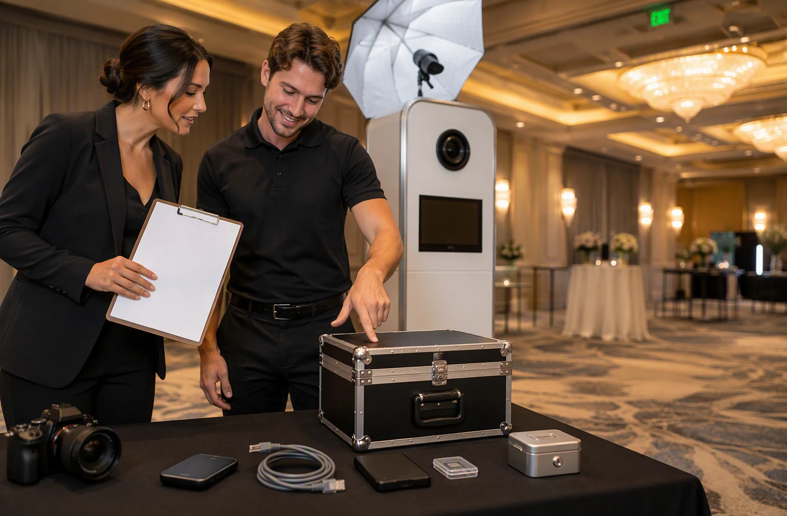 Event planner reviewing delivery details with photo booth attendant