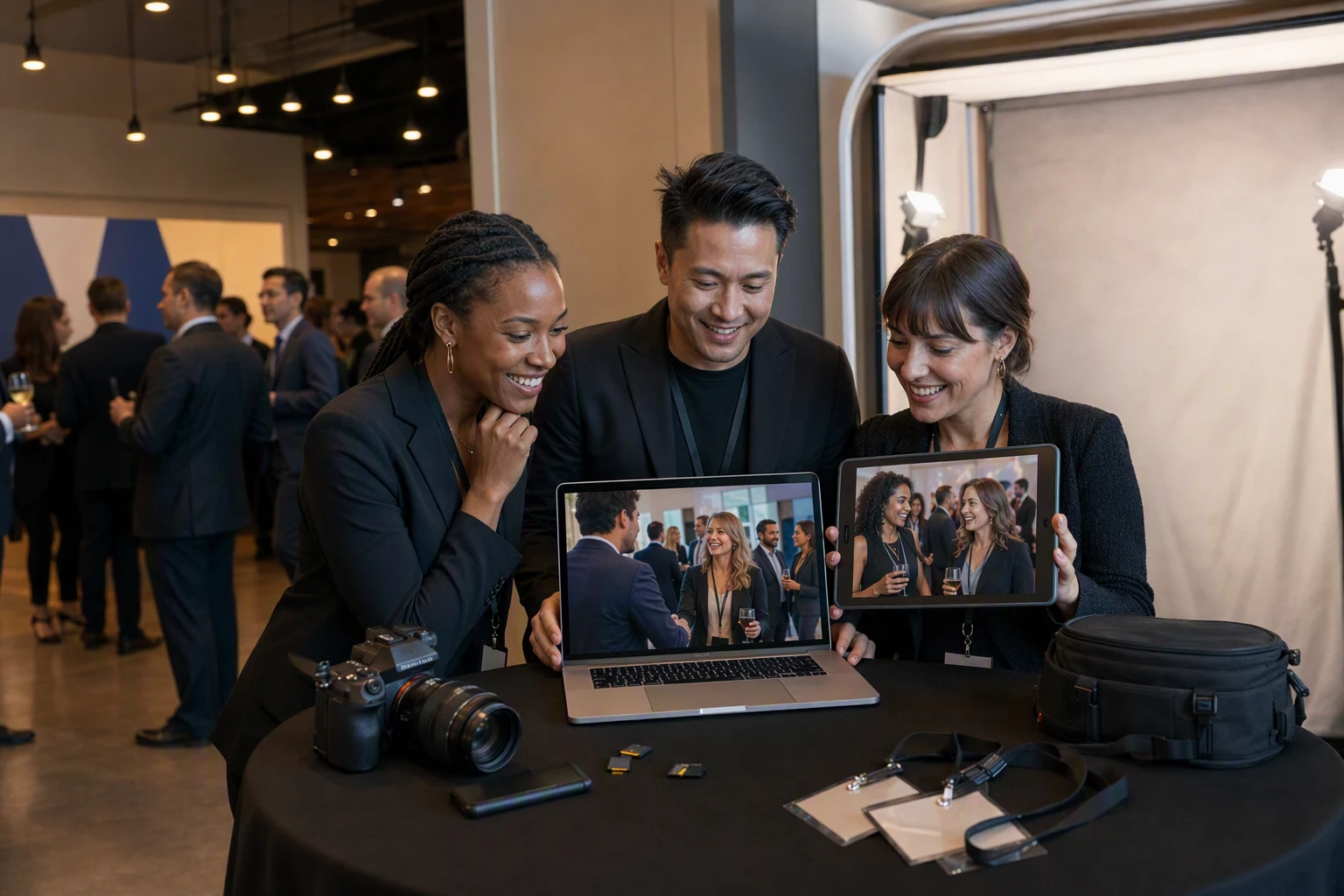 Marketing team reviews fresh event gallery by photo booth