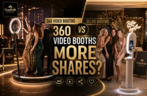 Four people pose for a 360 video booth on the left; four others use a selfie booth on the right. A gold sign asks, “360 video booths vs selfie booths—more shares?” in a glamorous event setting.