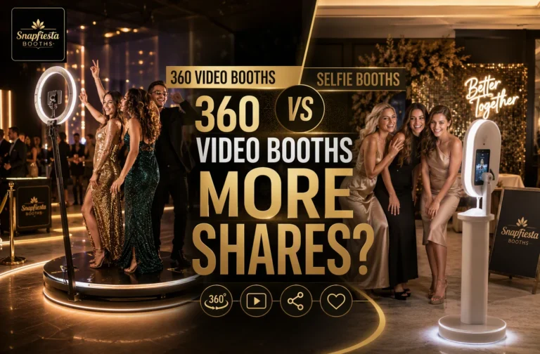 Four people pose for a 360 video booth on the left; four others use a selfie booth on the right. A gold sign asks, “360 video booths vs selfie booths—more shares?” in a glamorous event setting.