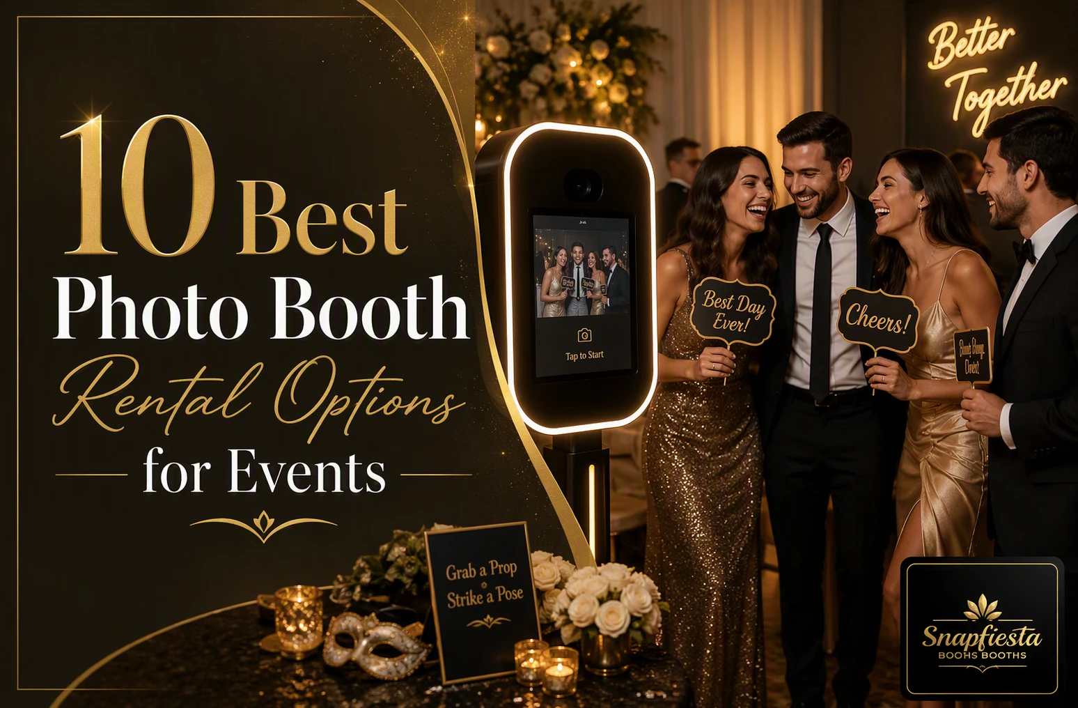 Four people in formal attire smile near a photo booth, holding festive signs. Gold and black decor surrounds them. Text reads: “10 Best Photo Booth Rental Options for Events.” Snapfiesta logo is in the bottom right corner.