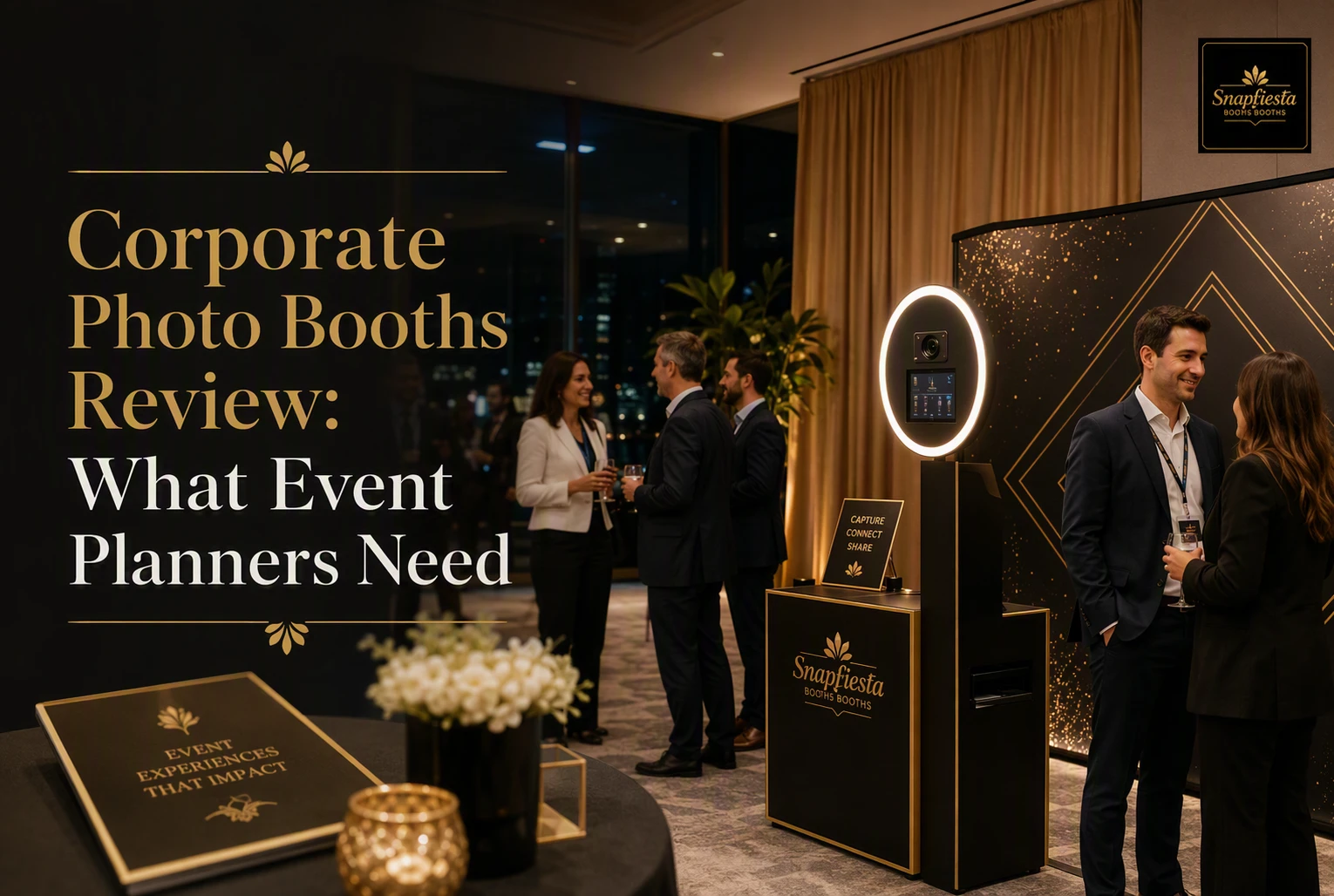 Business professionals chat near a modern photo booth at an elegant indoor event. The scene features a sign titled “Corporate Photo Booths Review: What Event Planners Need.” The atmosphere is warm and sophisticated.