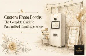 A vintage-style photo booth setup with floral decorations, gold balloons, string lights, and a Snapfiesta sign, advertising a guide to personalized event experiences.