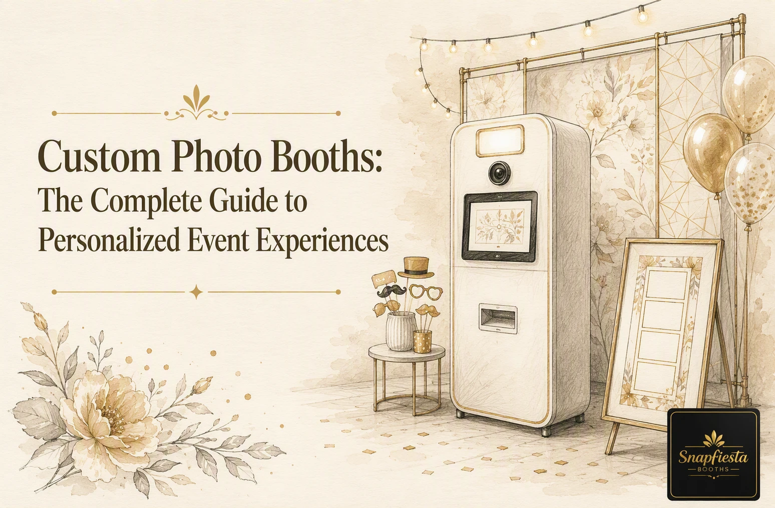 A vintage-style photo booth setup with floral decorations, gold balloons, string lights, and a Snapfiesta sign, advertising a guide to personalized event experiences.