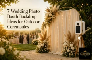 Elegant wedding photo booth with gold arch, cream drapery, white and beige floral arrangements, string lights, and camera setup outdoors. Guests mingle at tables in the background during sunset.