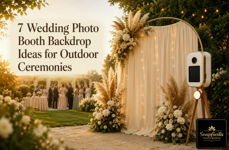Elegant wedding photo booth with gold arch, cream drapery, white and beige floral arrangements, string lights, and camera setup outdoors. Guests mingle at tables in the background during sunset.