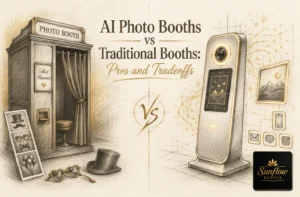 A split image compares a traditional photo booth with props on the left and a sleek AI photo booth surrounded by digital icons on the right. Text reads: “AI Photo Booths vs Traditional Booths: Pros and Tradeoffs.”.