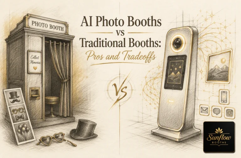 A split image compares a traditional photo booth with props on the left and a sleek AI photo booth surrounded by digital icons on the right. Text reads: “AI Photo Booths vs Traditional Booths: Pros and Tradeoffs.”.