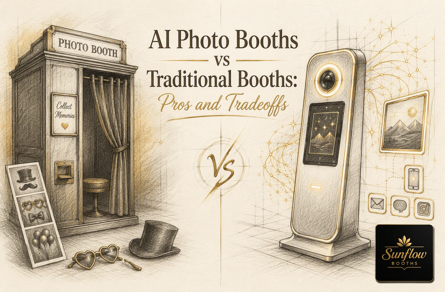 A split image compares a traditional photo booth with props on the left and a sleek AI photo booth surrounded by digital icons on the right. Text reads: “AI Photo Booths vs Traditional Booths: Pros and Tradeoffs.”.