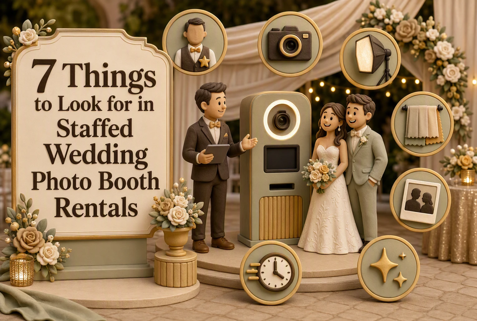 Clay figures pose by a wedding photo booth. A sign reads “7 Things to Look for in Staffed Wedding Photo Booth Rentals.” Icons represent key features like props, prints, time, and quality. Elegant, festive decor is visible.