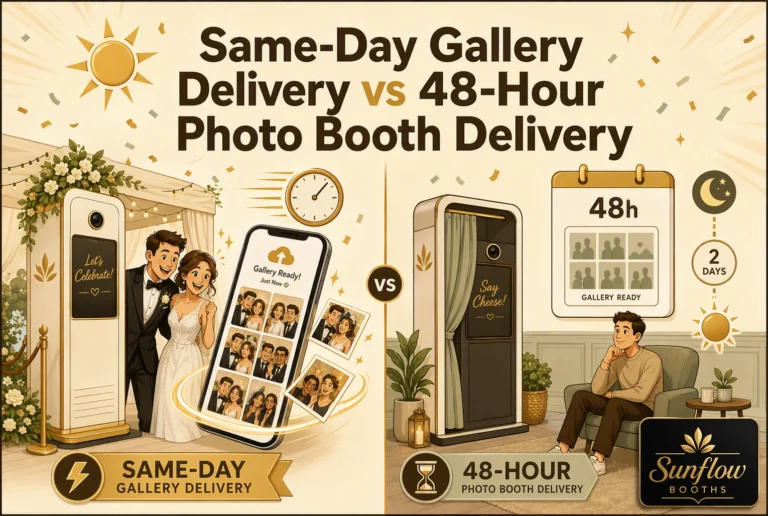 A bride and groom use a photo booth on the left, receiving prints instantly. On the right, a man waits 48 hours for his gallery. Text contrasts same-day delivery vs 48-hour delivery, with Sunflow Booths logo below.