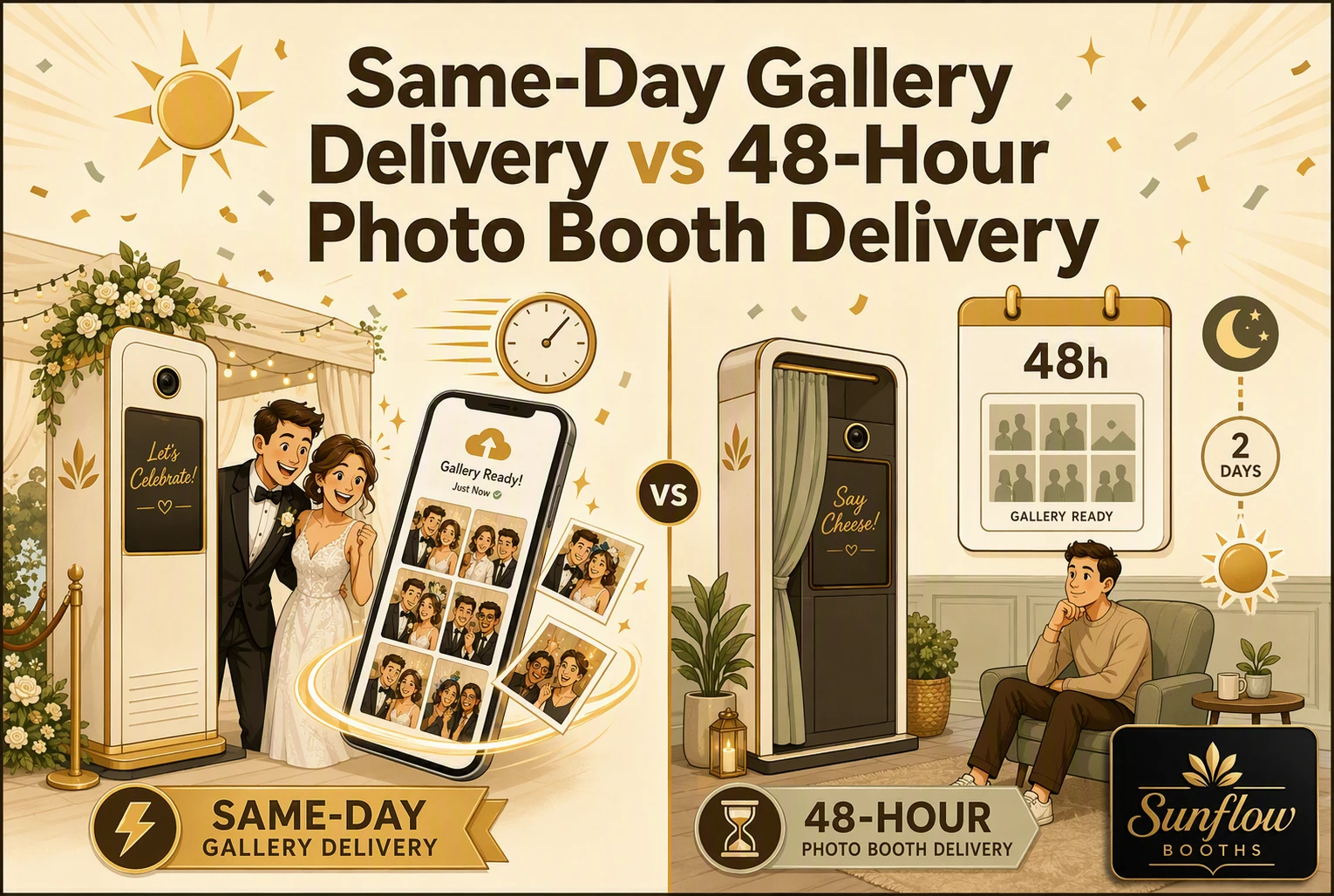 A bride and groom use a photo booth on the left, receiving prints instantly. On the right, a man waits 48 hours for his gallery. Text contrasts same-day delivery vs 48-hour delivery, with Sunflow Booths logo below.