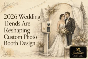 A bride and groom pose by a photo booth at an outdoor wedding. Text reads, “2026 Wedding Trends Are Reshaping Custom Photo Booth Design.” The Sunflow Booths logo appears in the lower right corner.