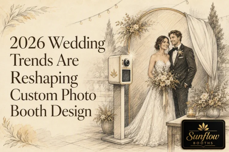 A bride and groom pose by a photo booth at an outdoor wedding. Text reads, “2026 Wedding Trends Are Reshaping Custom Photo Booth Design.” The Sunflow Booths logo appears in the lower right corner.