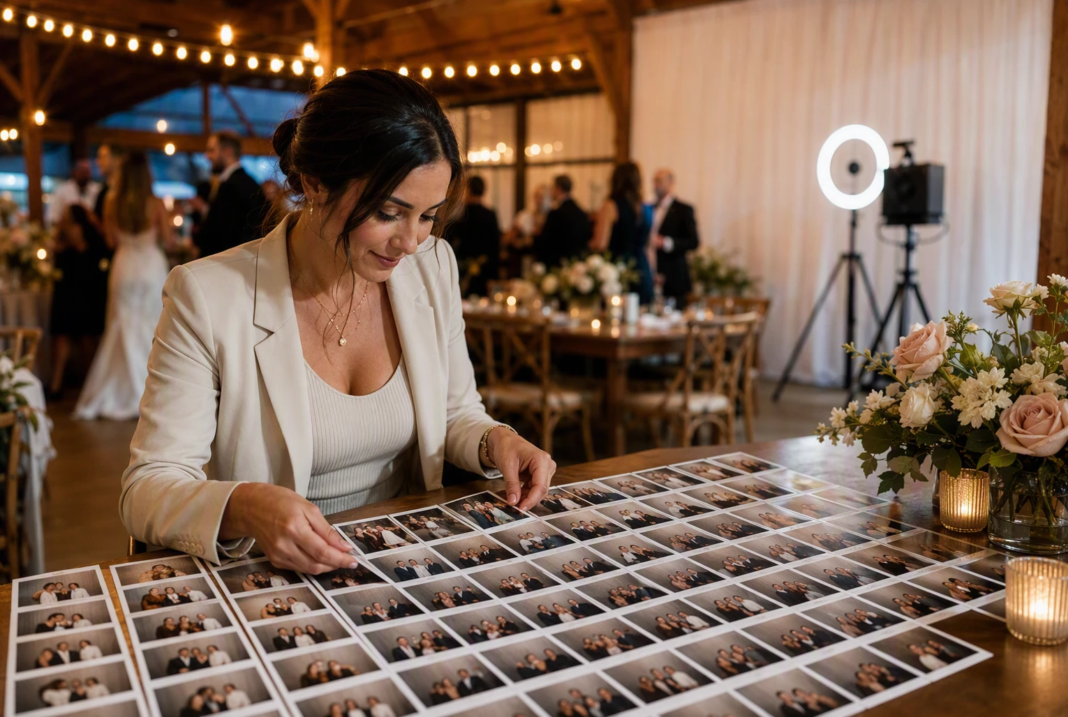 Event planner scrutinizes photo booth gallery thumbnails at a Michigan wedding
