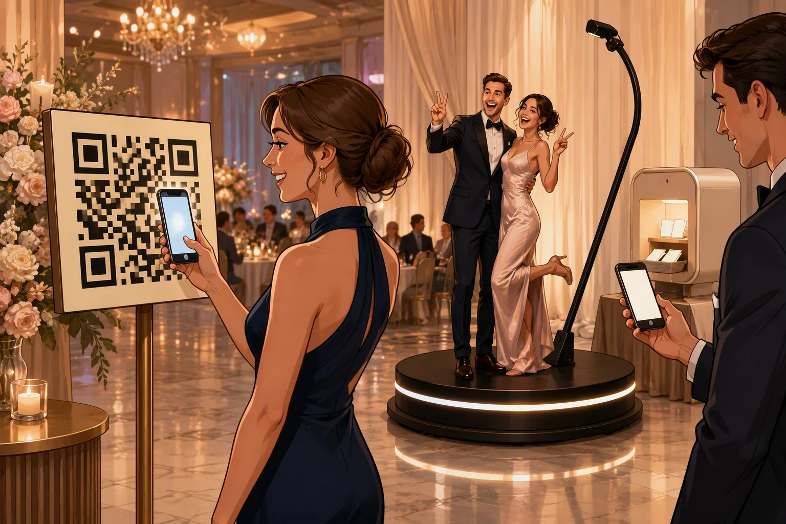 Guests scan QR code beside 360 video booth