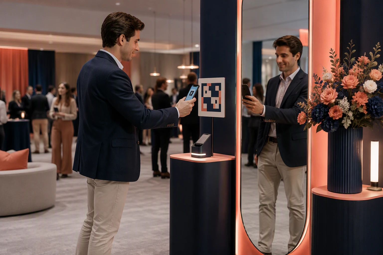 Conference attendee scanning QR code near interactive mirror
