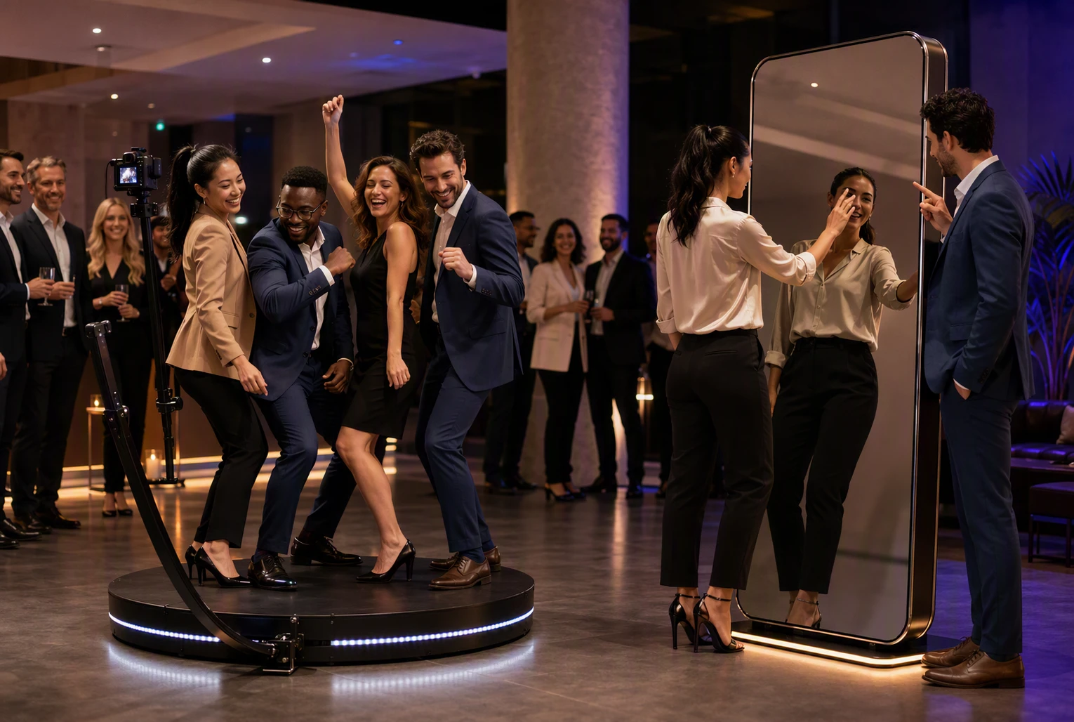 Corporate guests dancing on 360 platform beside mirror