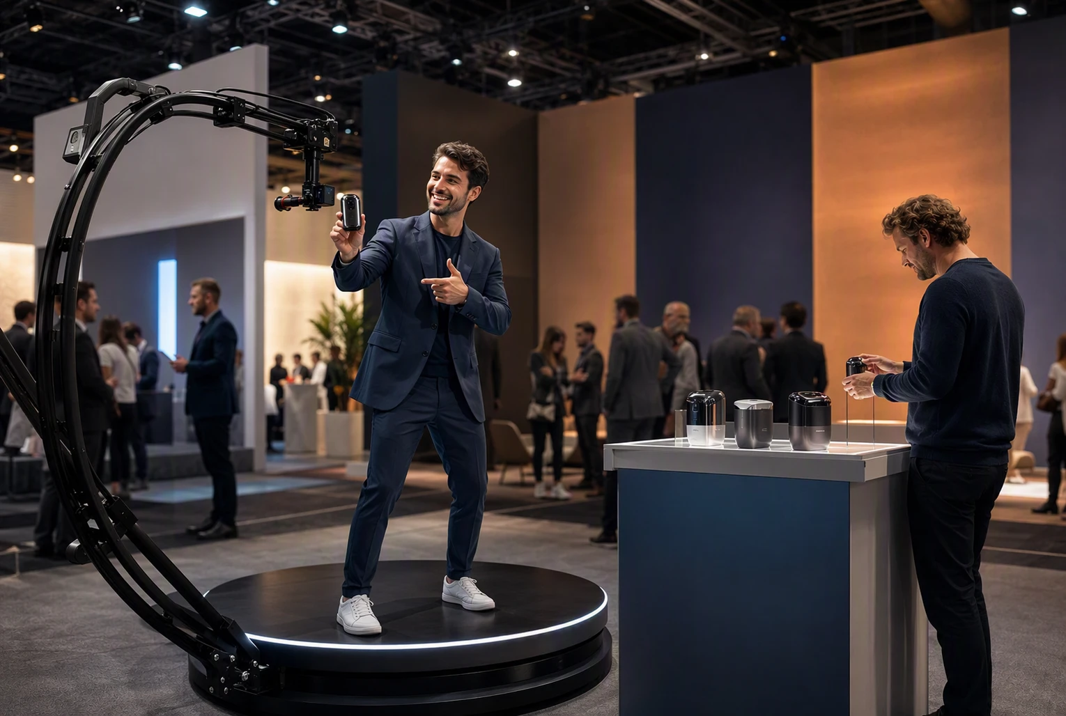 Trade show attendee filming product with 360 camera