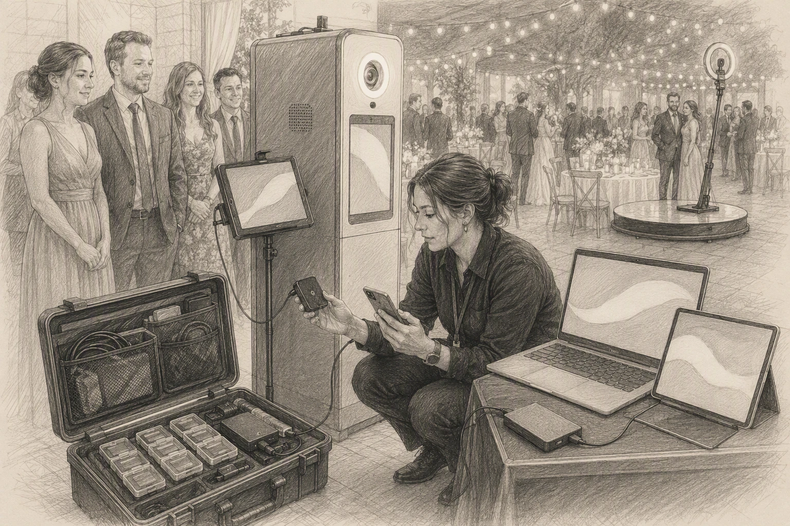 Photo booth attendant testing hotspot beside crowded reception