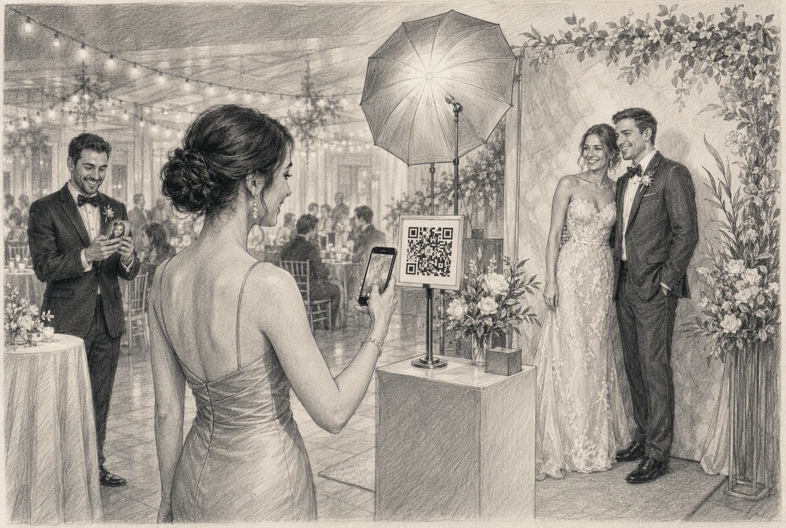 Guests scanning QR code beside wedding photo booth