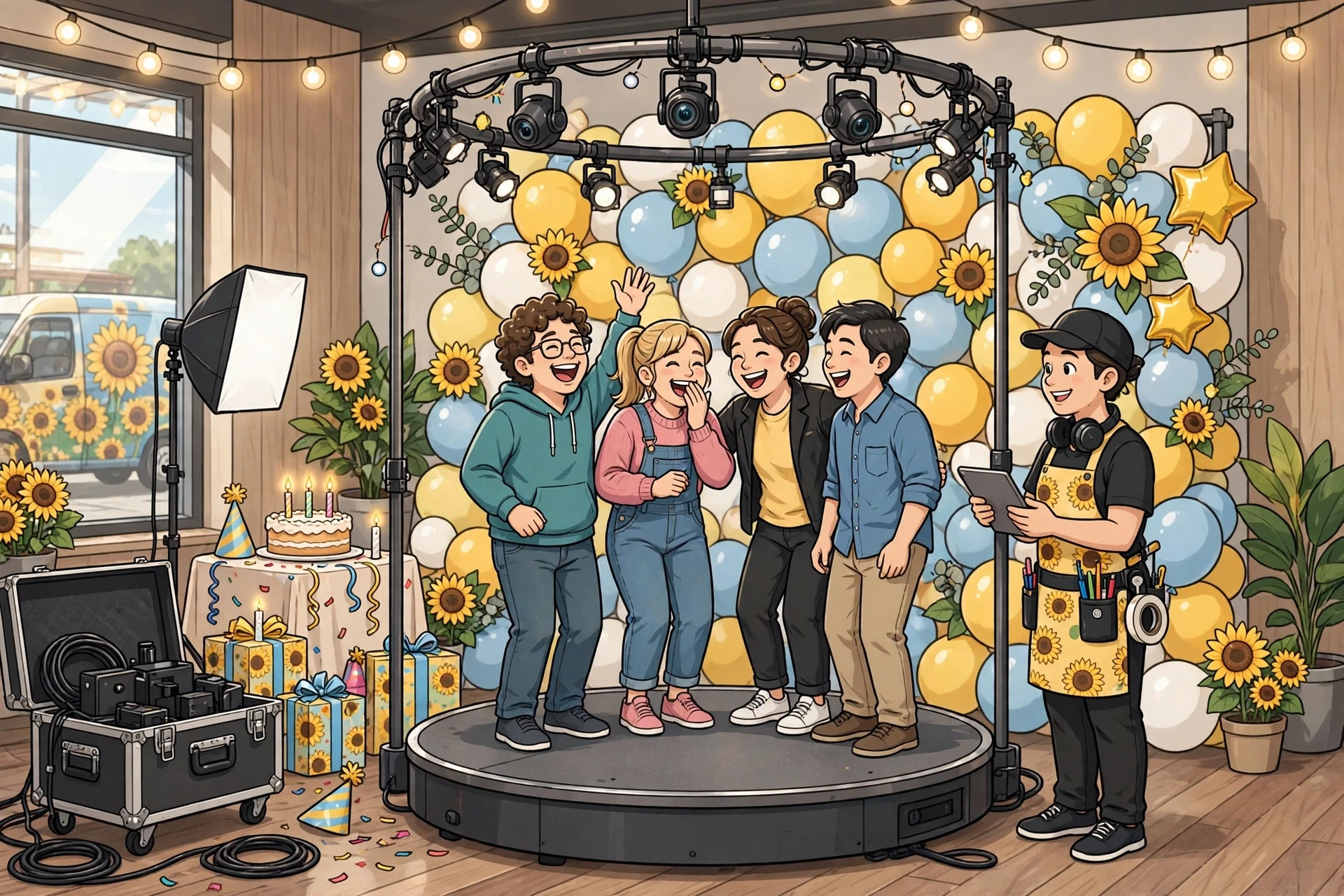 Laughing guests on a 360 photo booth platform