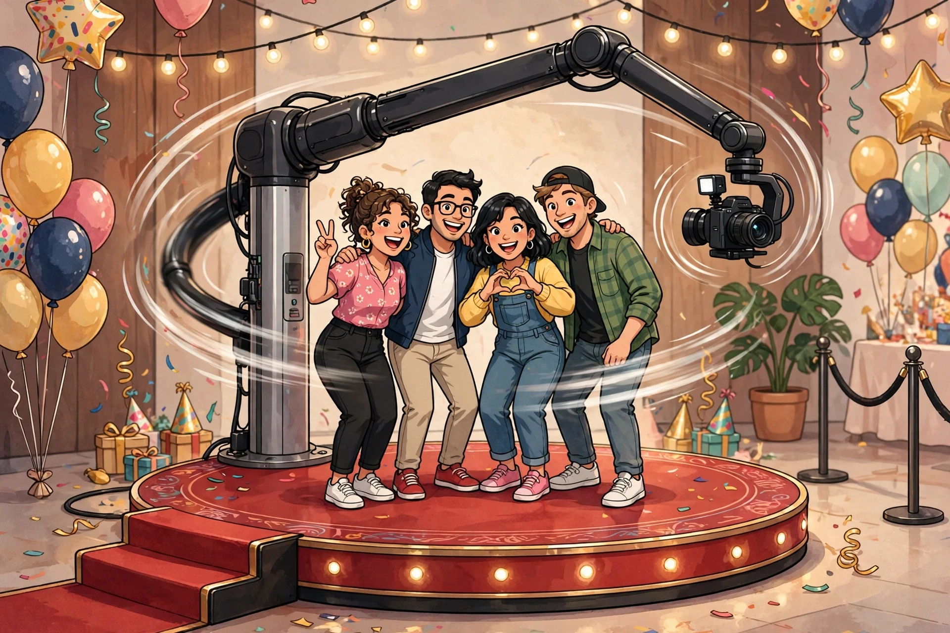 Spinning camera arm captures friends on red carpet platform
