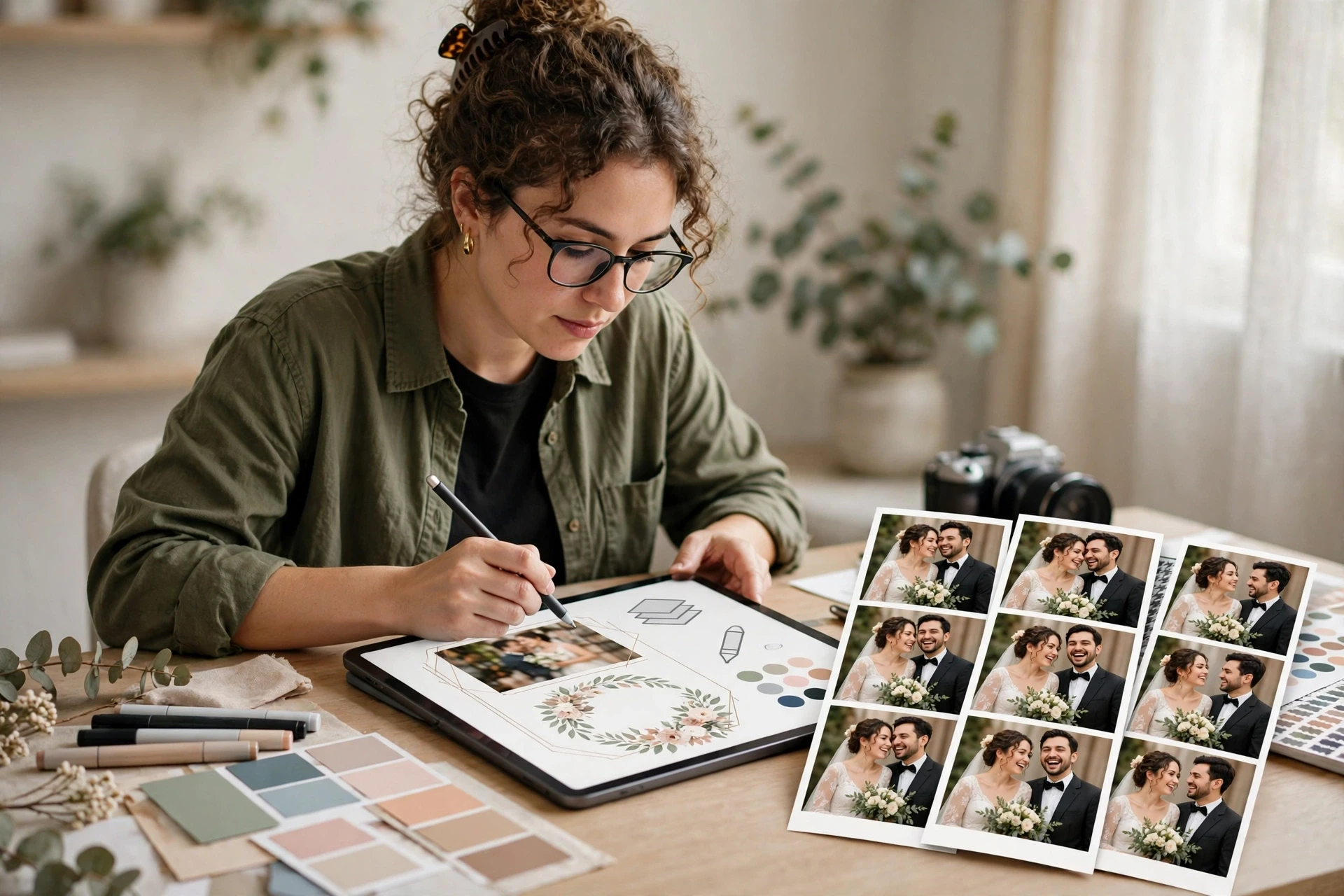 Designer customizing photo booth print template on tablet
