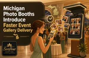A woman at a formal event views photo booth pictures on her phone. The booth displays event photos as guests mingle. Text reads, “Michigan Photo Booths Introduce Faster Event Gallery Delivery. Sunflow Booths.”.